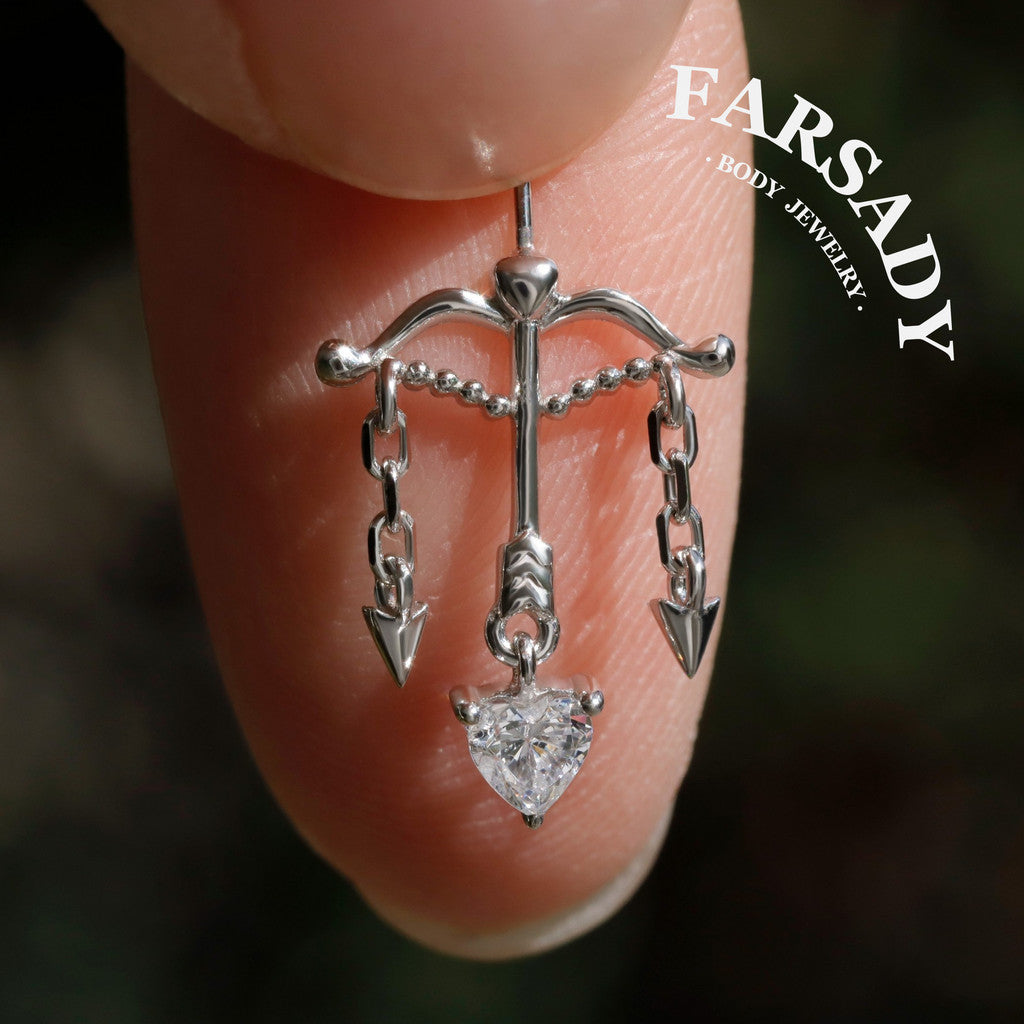 Cupid’s Arrow Heart Dangle Vertical Helix Earring: 18K Gold Pltated 925 Silver Threadless Push In Cartilage Stud, Chain Hidden Rook Piercing