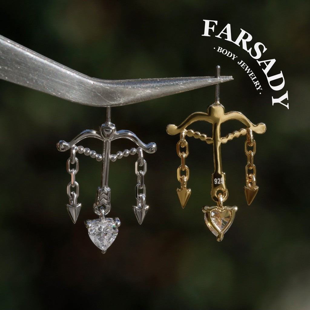 Cupid’s Arrow Heart Dangle Vertical Helix Earring: 18K Gold Pltated 925 Silver Threadless Push In Cartilage Stud, Chain Hidden Rook Piercing