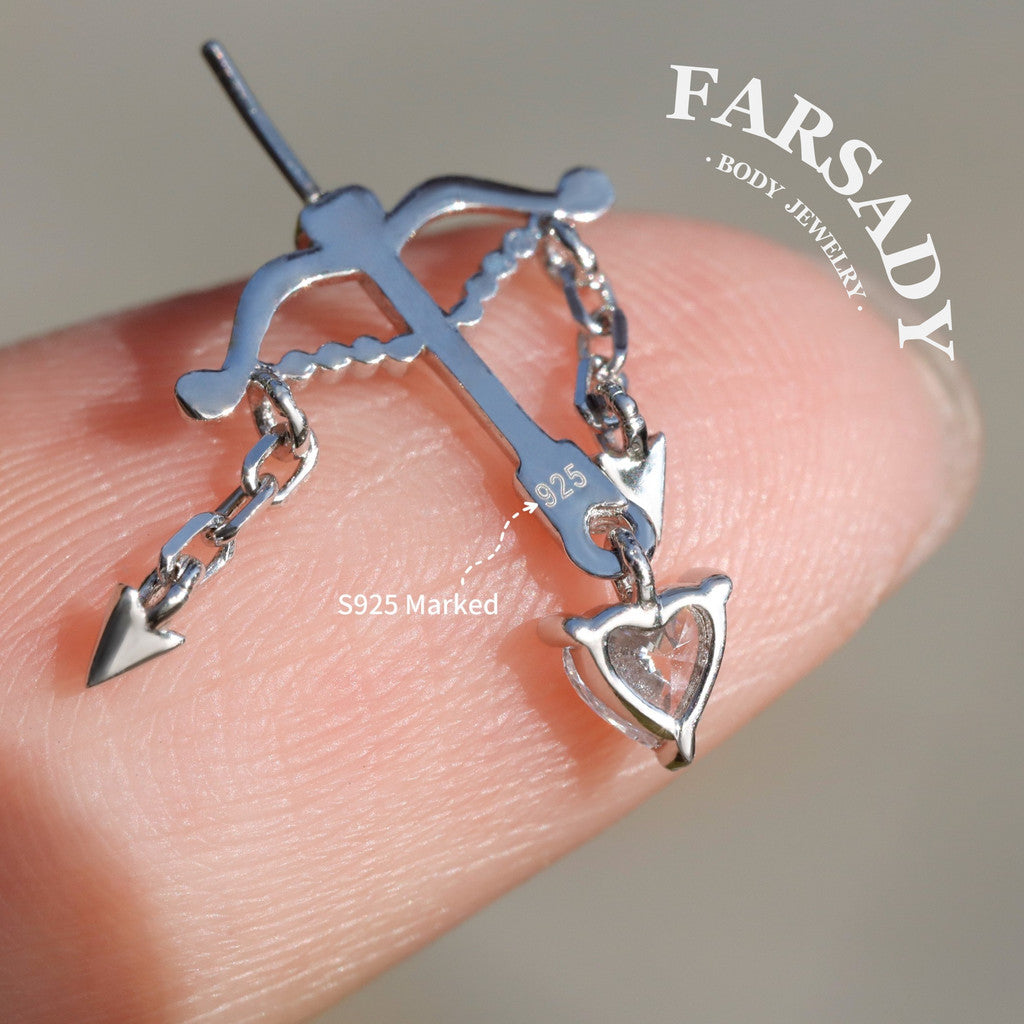 Cupid’s Arrow Heart Dangle Vertical Helix Earring: 18K Gold Pltated 925 Silver Threadless Push In Cartilage Stud, Chain Hidden Rook Piercing