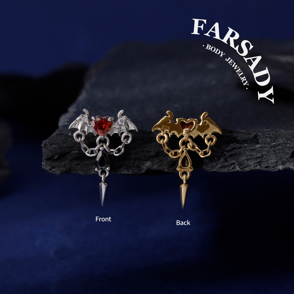 Vampire heart Threadless Push In Helix Earring Dangle| 18K Gold Plated Sterling Silver Flat Back Labret| Tragus Helix Conch Stud, Nose Stud