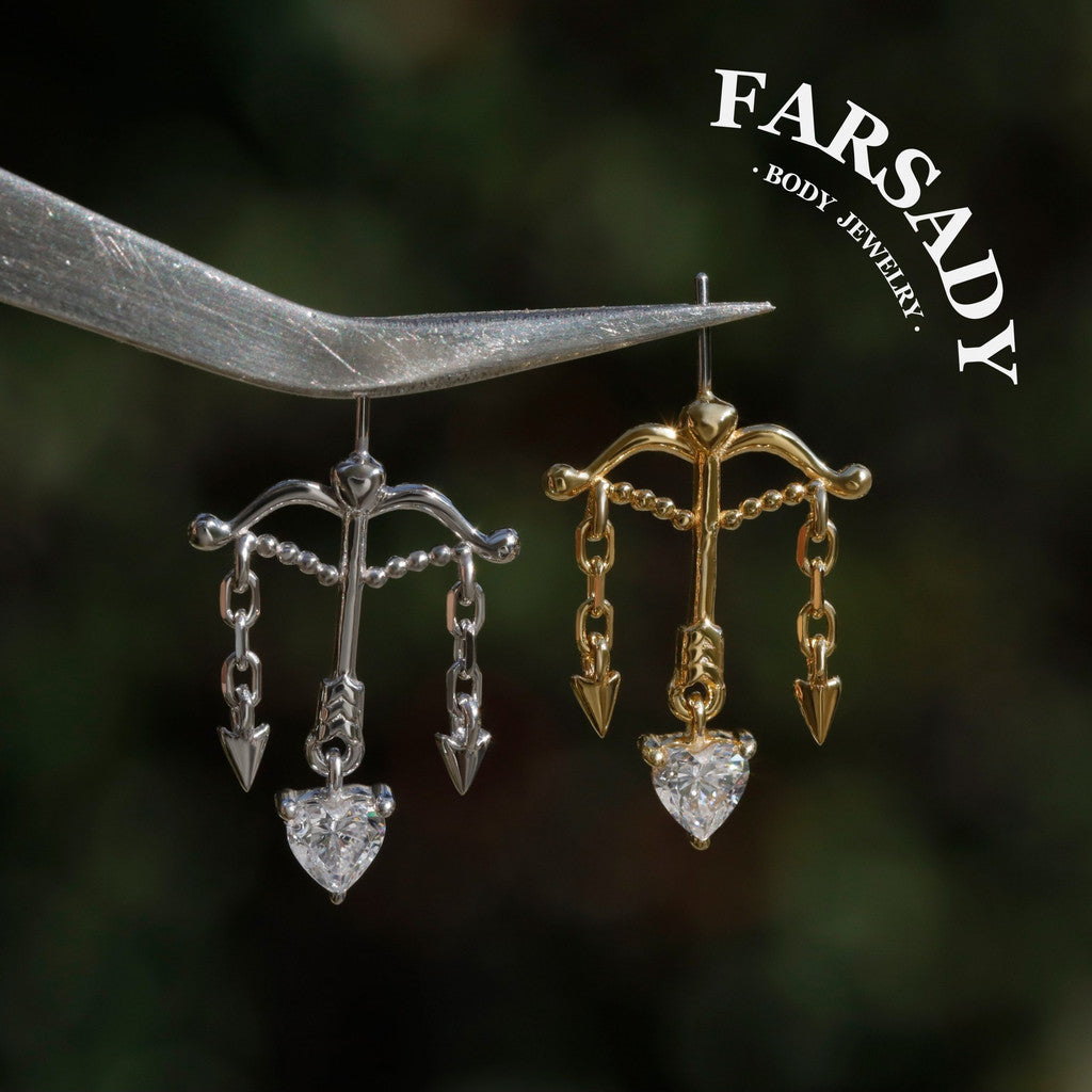 Cupid’s Arrow Heart Dangle Vertical Helix Earring: 18K Gold Pltated 925 Silver Threadless Push In Cartilage Stud, Chain Hidden Rook Piercing